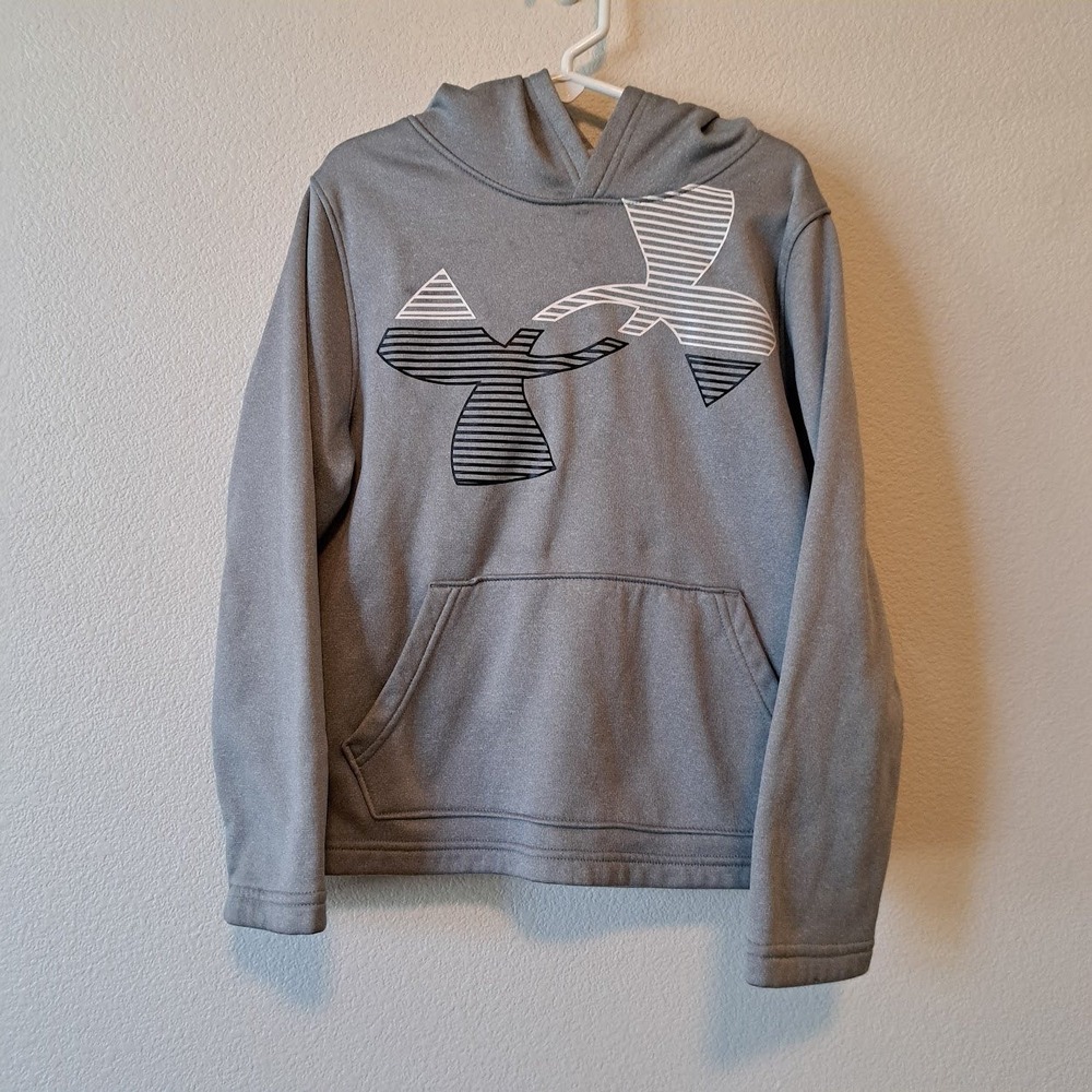 Under Armour Boys ColdGear Hoodie Gray Logo Pullover Sweatshirt YSM Small